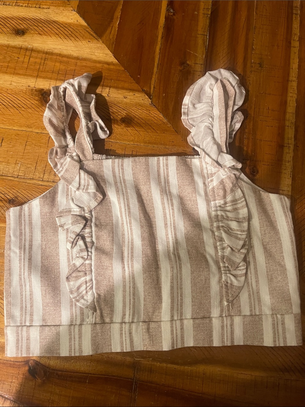T.J.Maxx Cream & Brown Striped Ruffle Strap Crop Top